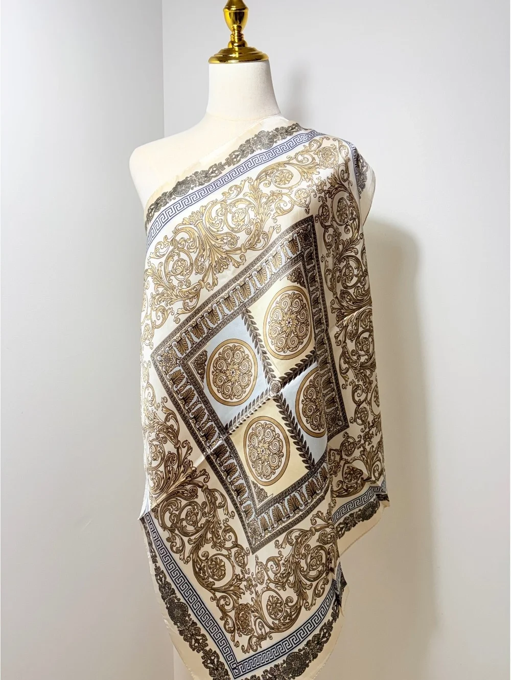 Elegant Scarf with Baroque-Inspired Gold and Brown Pattern on Cream